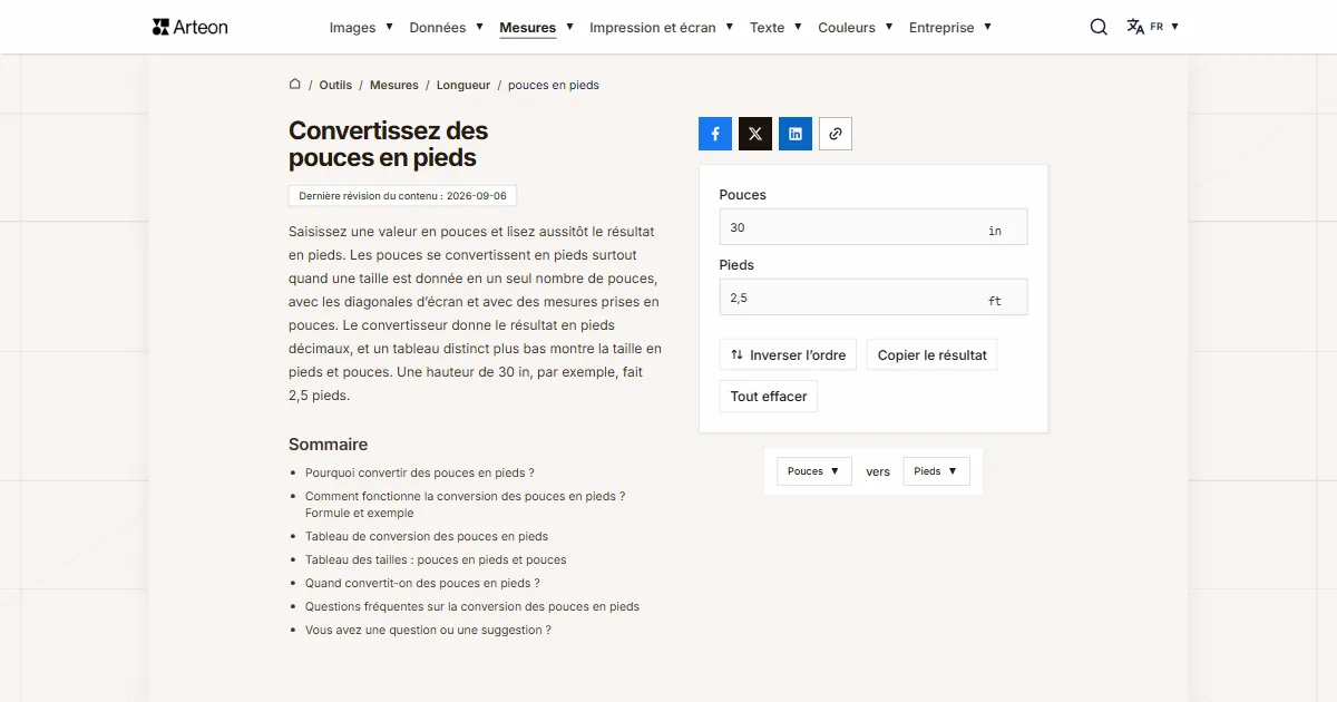 Capture d'écran de l'outil gratuit d'Arteon: Convertissez des pouces en pieds