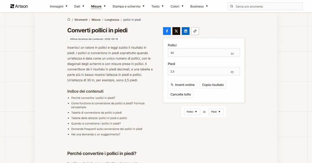 Screenshot dello strumento gratuito Arteon: Converti pollici in piedi