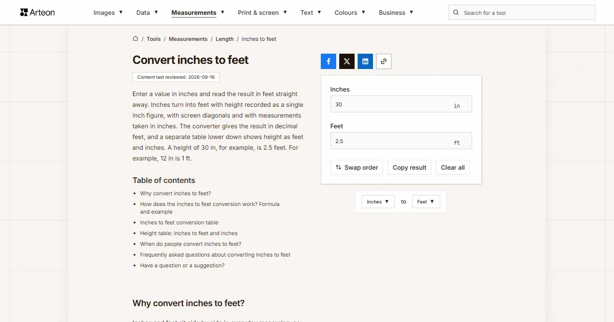 Arteon free tool screenshot: Convert inches to feet