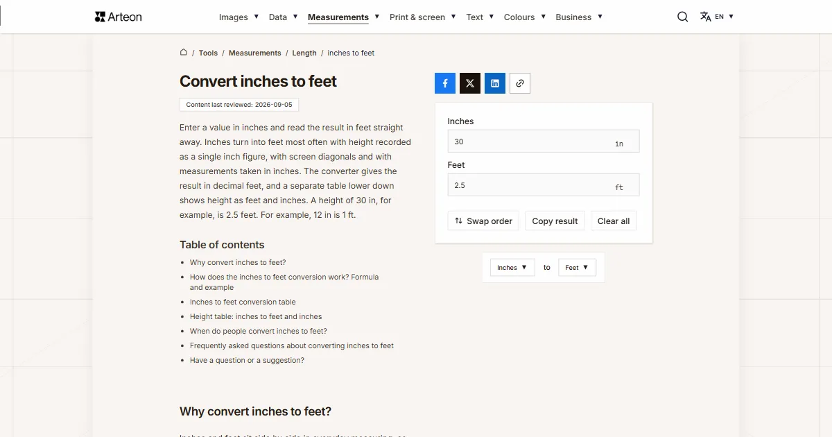 Arteon free tool screenshot: Convert inches to feet