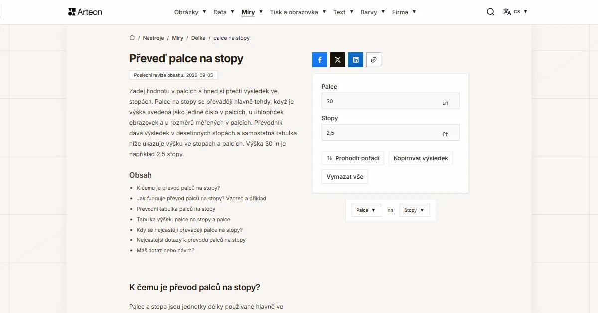 Snímek obrazovky bezplatného nástroje Arteon: Převeď palce na stopy