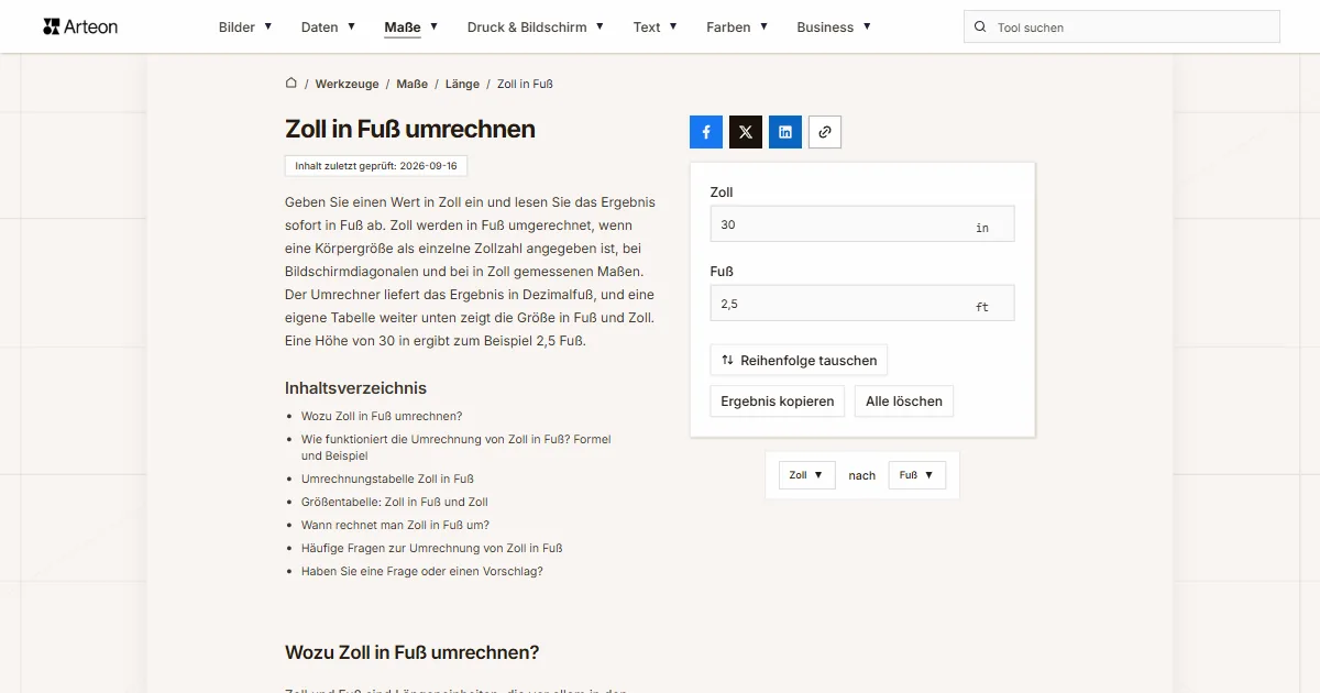 Screenshot des kostenlosen Arteon-Werkzeugs: Zoll in Fuß umrechnen