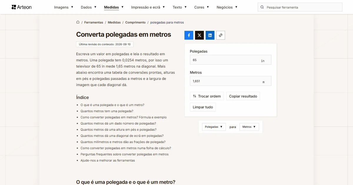 Captura de ecrã da ferramenta gratuita da Arteon: Converta polegadas em metros