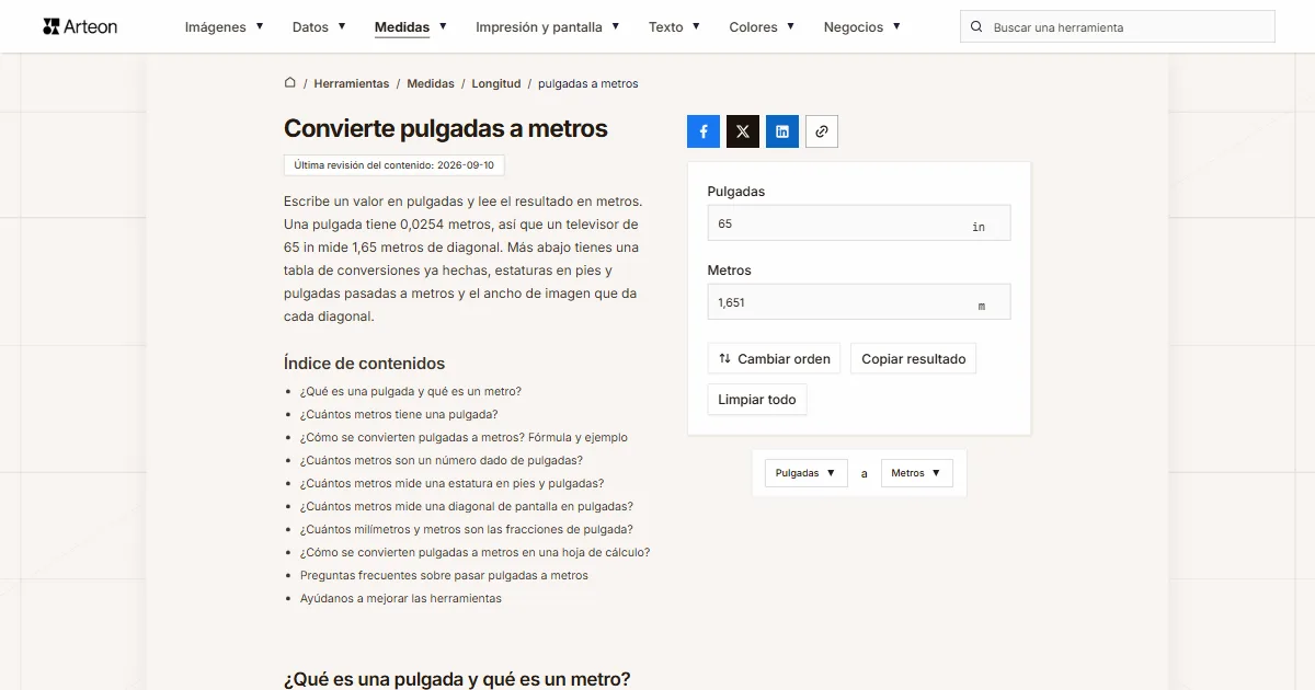 Captura de pantalla de la herramienta gratuita de Arteon: Convierte pulgadas a metros