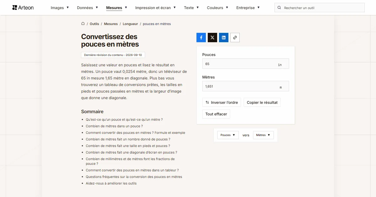 Capture d'écran de l'outil gratuit d'Arteon: Convertissez des pouces en mètres