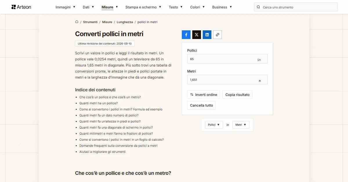 Screenshot dello strumento gratuito Arteon: Converti pollici in metri