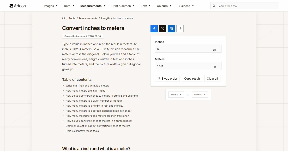 Arteon free tool screenshot: Convert inches to meters