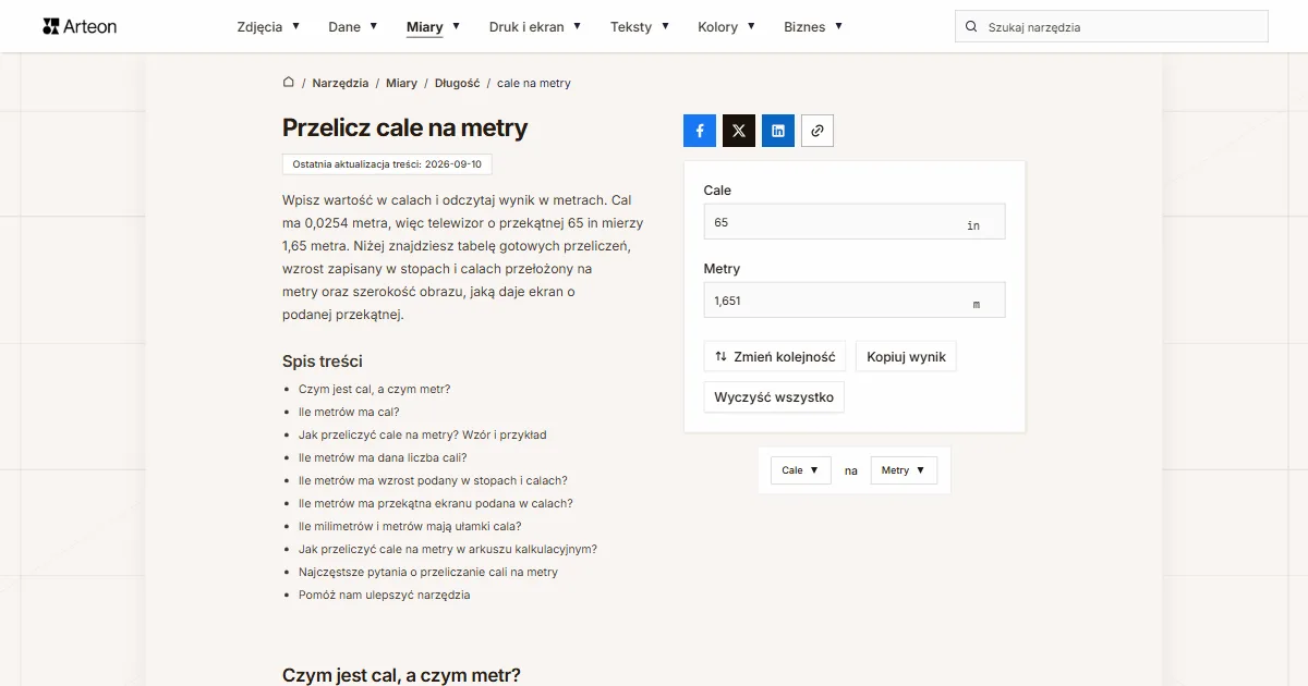Zrzut ekranu darmowego narzędzia Arteon: Przelicz cale na metry