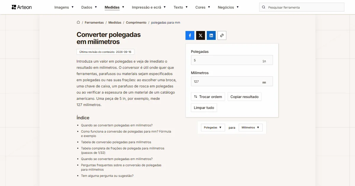 Captura de ecrã da ferramenta gratuita da Arteon: Converter polegadas em milímetros