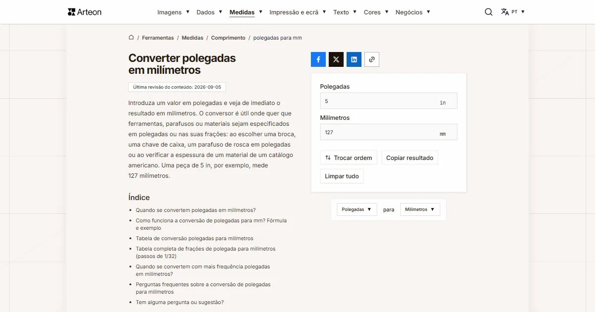 Captura de ecrã da ferramenta gratuita da Arteon: Converter polegadas em milímetros