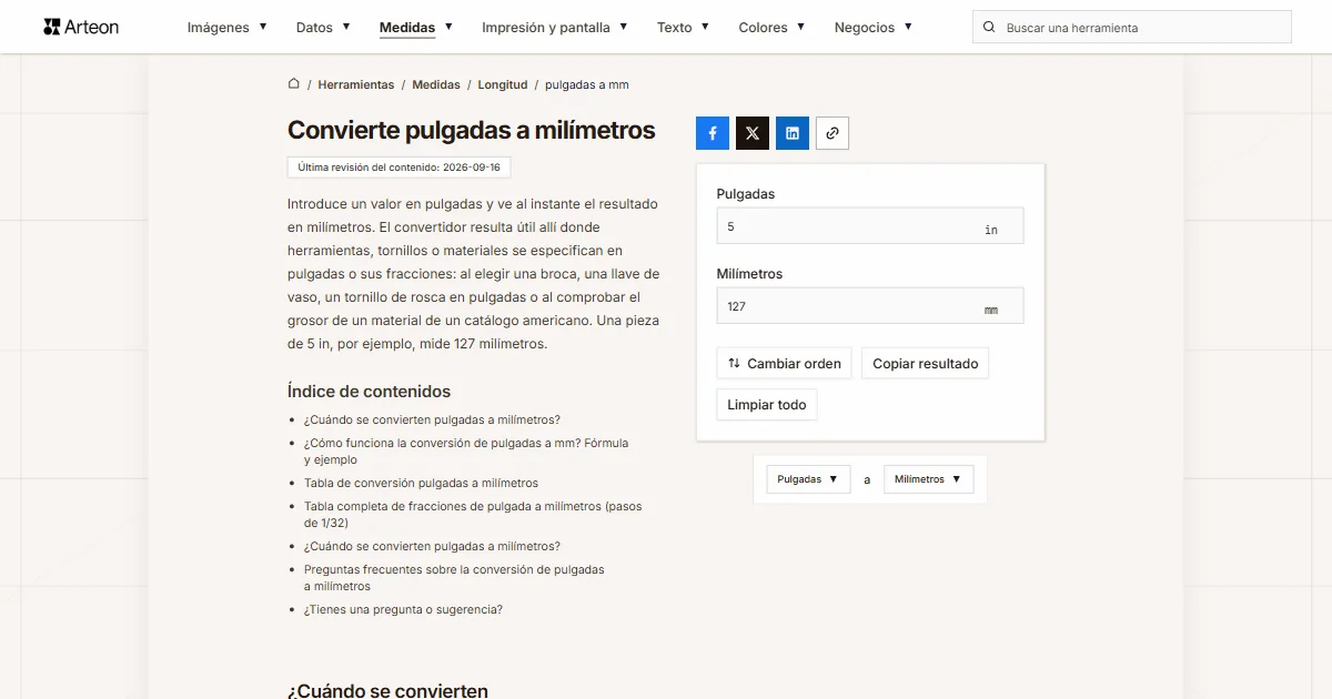 Captura de pantalla de la herramienta gratuita de Arteon: Convierte pulgadas a milímetros