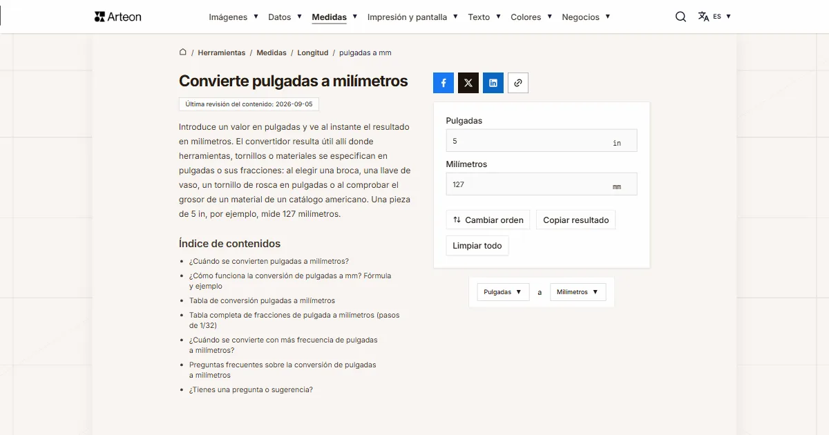 Captura de pantalla de la herramienta gratuita de Arteon: Convierte pulgadas a milímetros