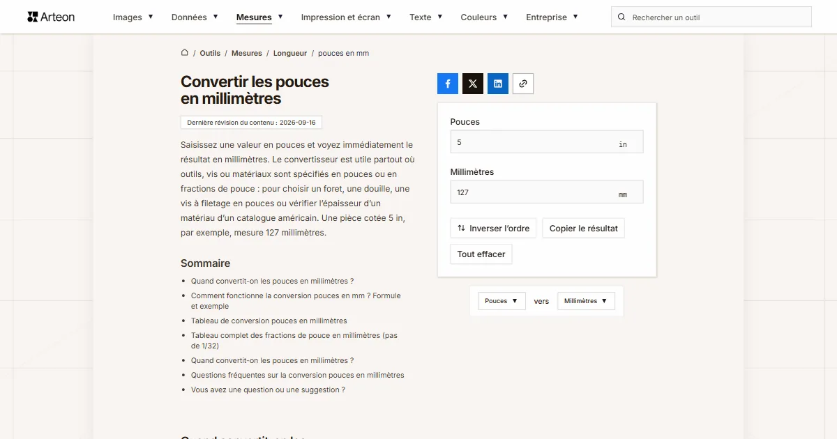 Capture d'écran de l'outil gratuit d'Arteon: Convertir les pouces en millimètres