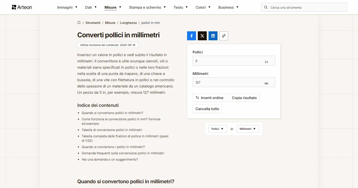 Screenshot dello strumento gratuito Arteon: Converti pollici in millimetri