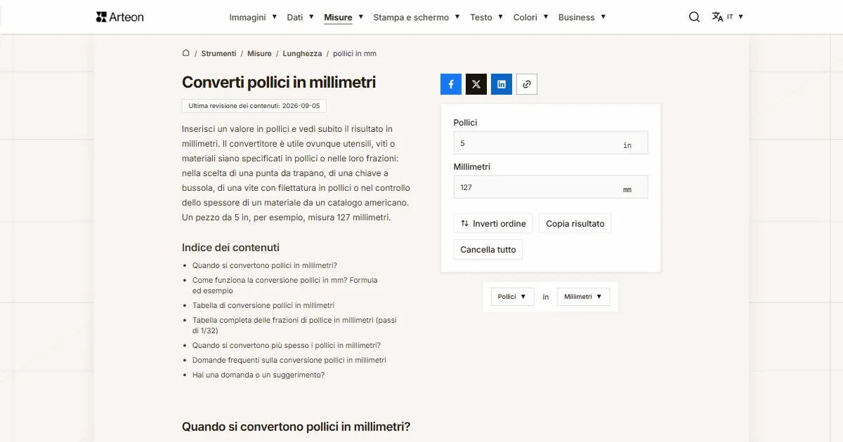 Screenshot dello strumento gratuito Arteon: Converti pollici in millimetri