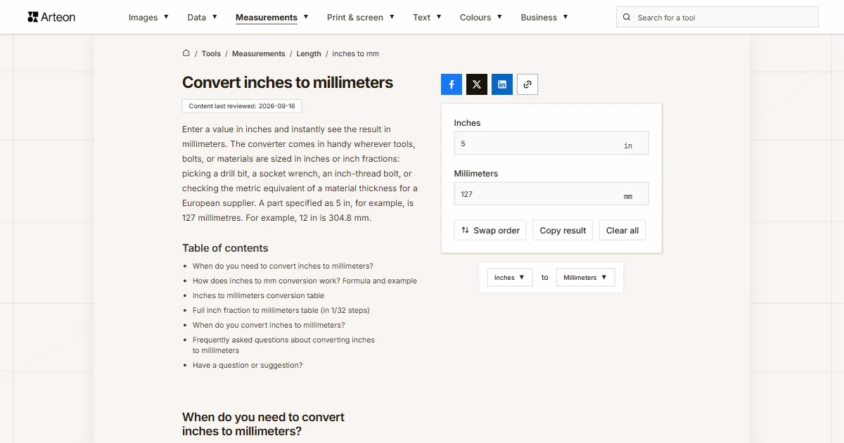 Arteon free tool screenshot: Convert inches to millimeters