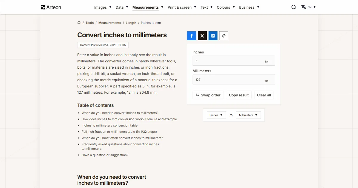 Arteon free tool screenshot: Convert inches to millimeters