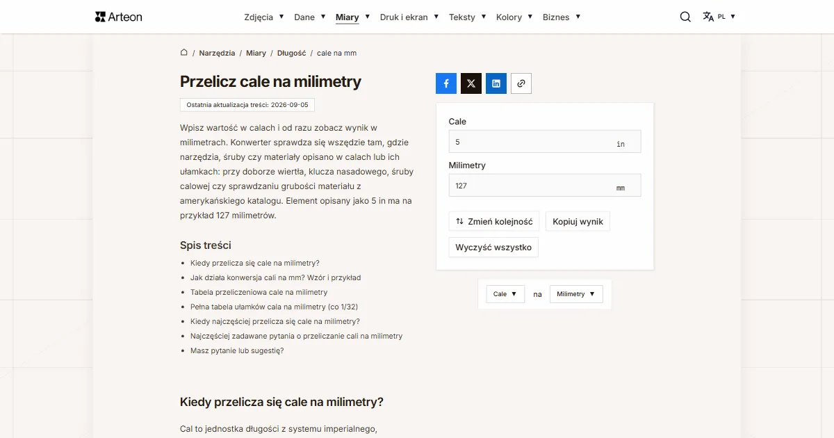 Zrzut ekranu darmowego narzędzia Arteon: Przelicz cale na milimetry