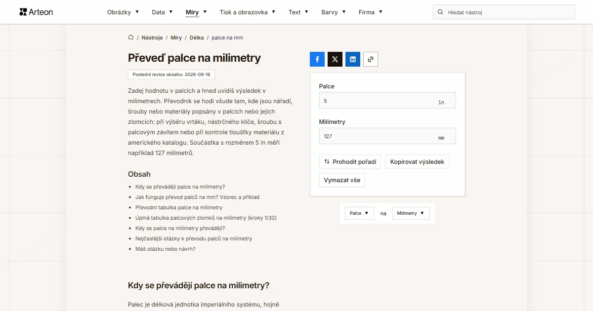 Snímek obrazovky bezplatného nástroje Arteon: Převeď palce na milimetry