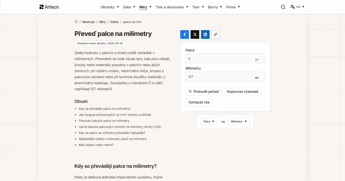 Snímek obrazovky bezplatného nástroje Arteon: Převeď palce na milimetry