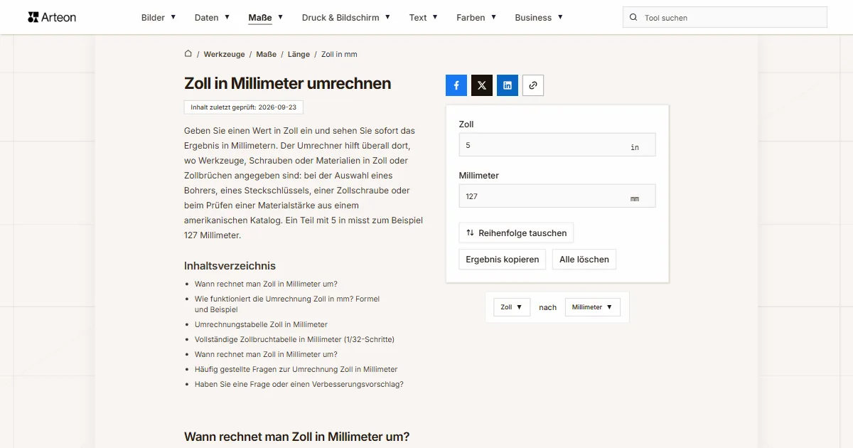 Screenshot des kostenlosen Arteon-Werkzeugs: Zoll in Millimeter umrechnen