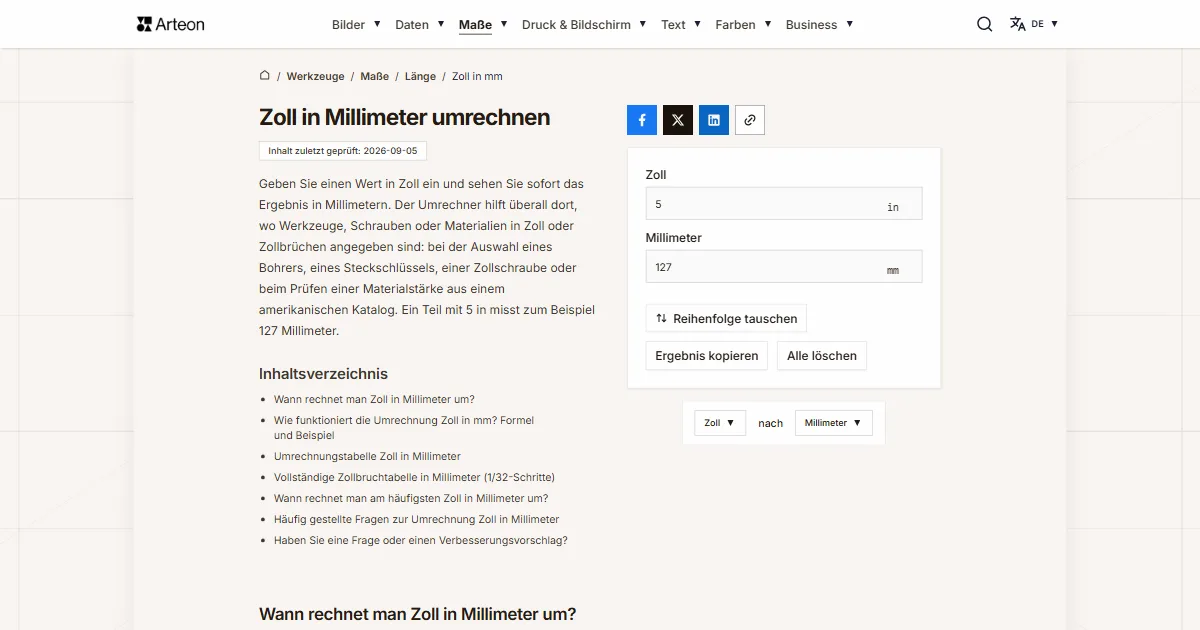 Screenshot des kostenlosen Arteon-Werkzeugs: Zoll in Millimeter umrechnen