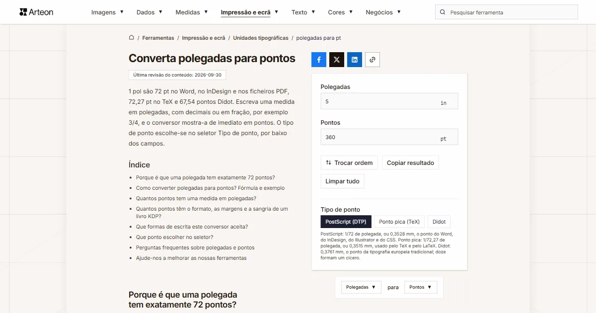 polegadas para pt