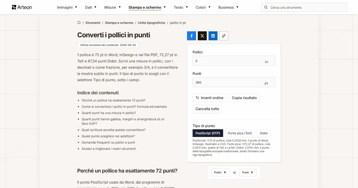 pollici in pt