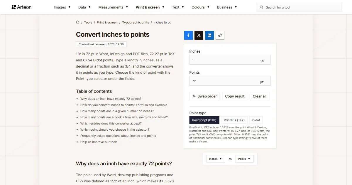 Arteon free tool screenshot: Convert inches to points
