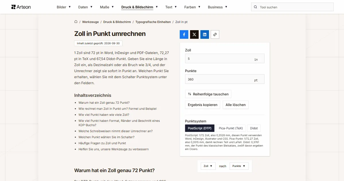 Screenshot des kostenlosen Arteon-Werkzeugs: Zoll in Punkt umrechnen