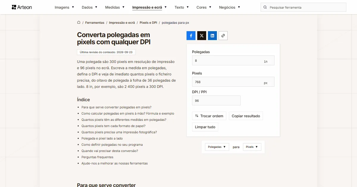 polegadas para px