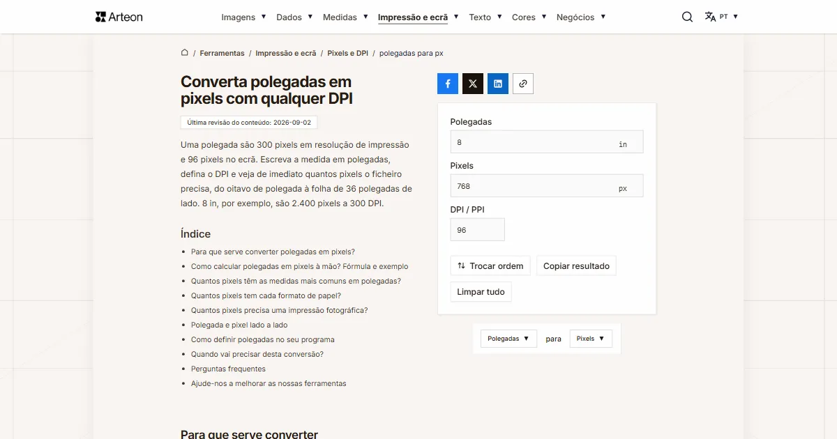 Captura de ecrã da ferramenta gratuita da Arteon: Converta polegadas em pixels com qualquer DPI