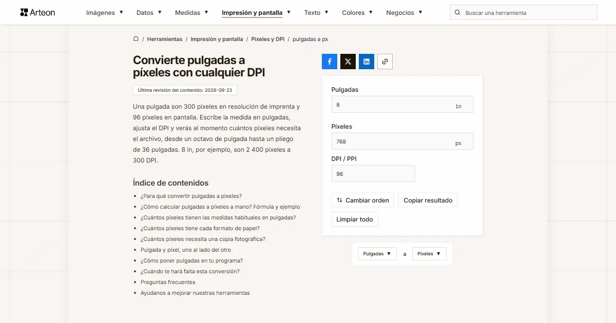 pulgadas a px