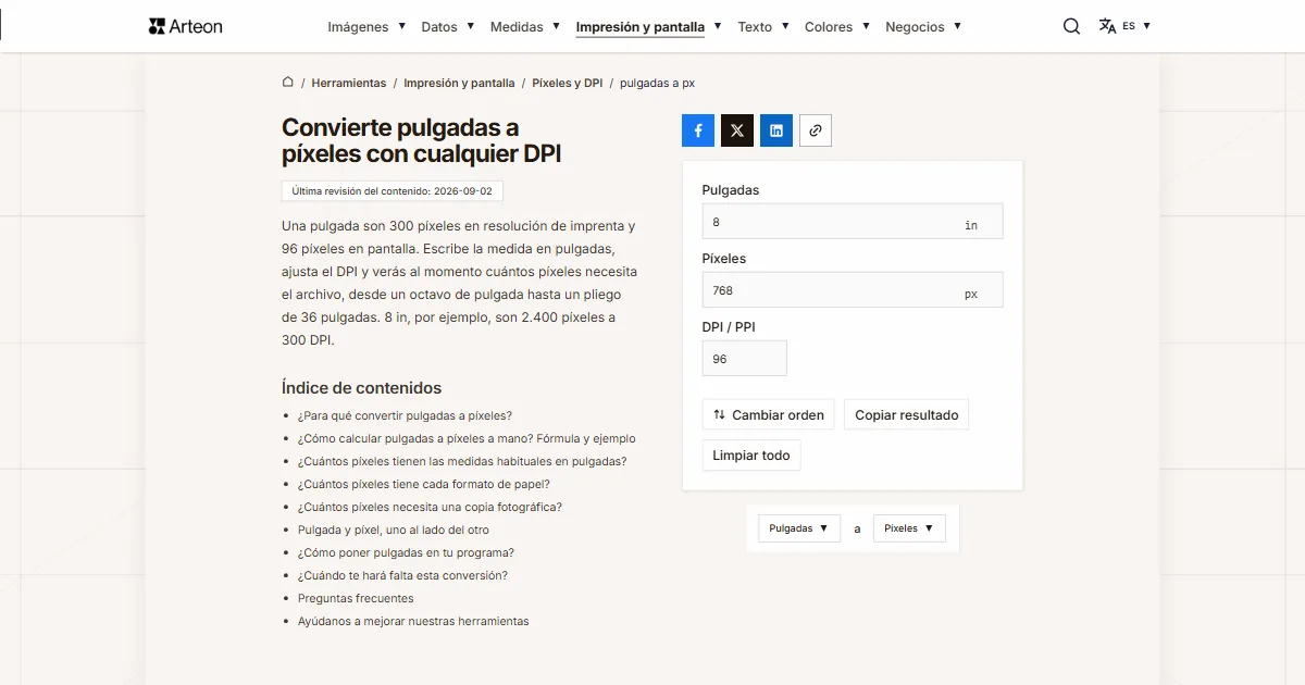 Captura de pantalla de la herramienta gratuita de Arteon: Convierte pulgadas a píxeles con cualquier DPI