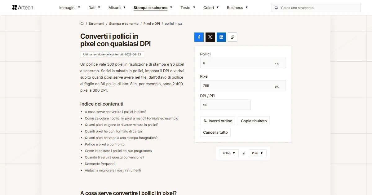 pollici in px