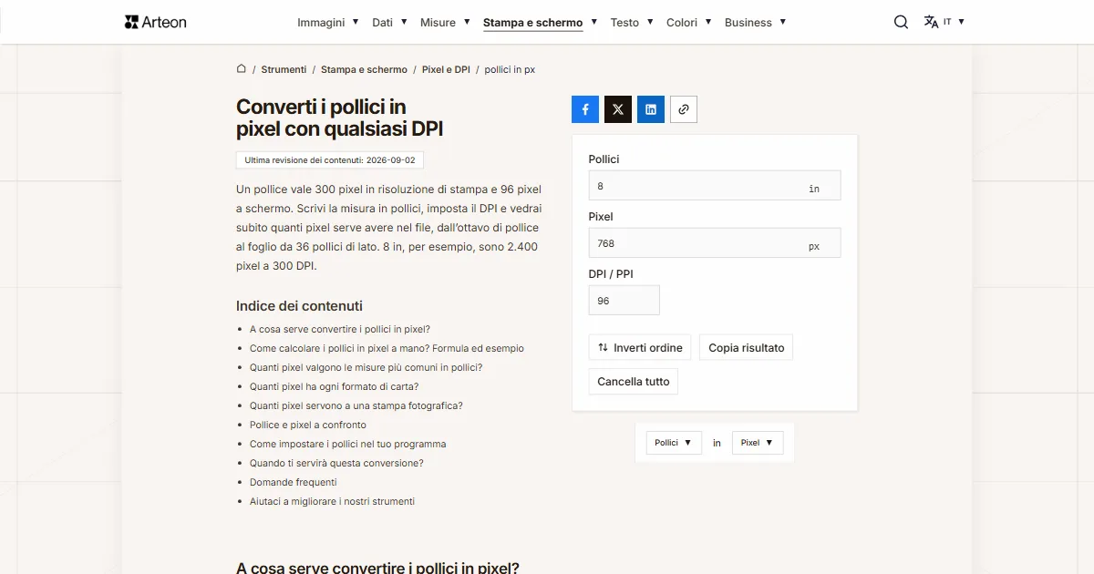 Screenshot dello strumento gratuito Arteon: Converti i pollici in pixel con qualsiasi DPI