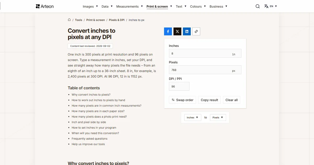 Arteon free tool screenshot: Convert inches to pixels at any DPI