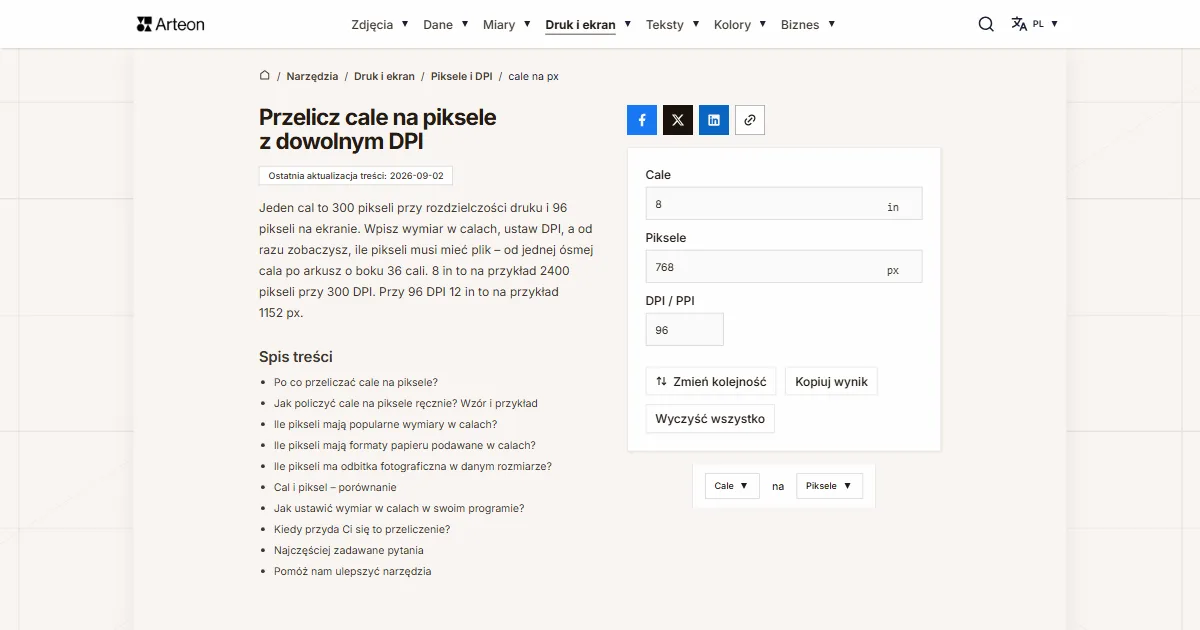 Zrzut ekranu darmowego narzędzia Arteon: Przelicz cale na piksele z dowolnym DPI