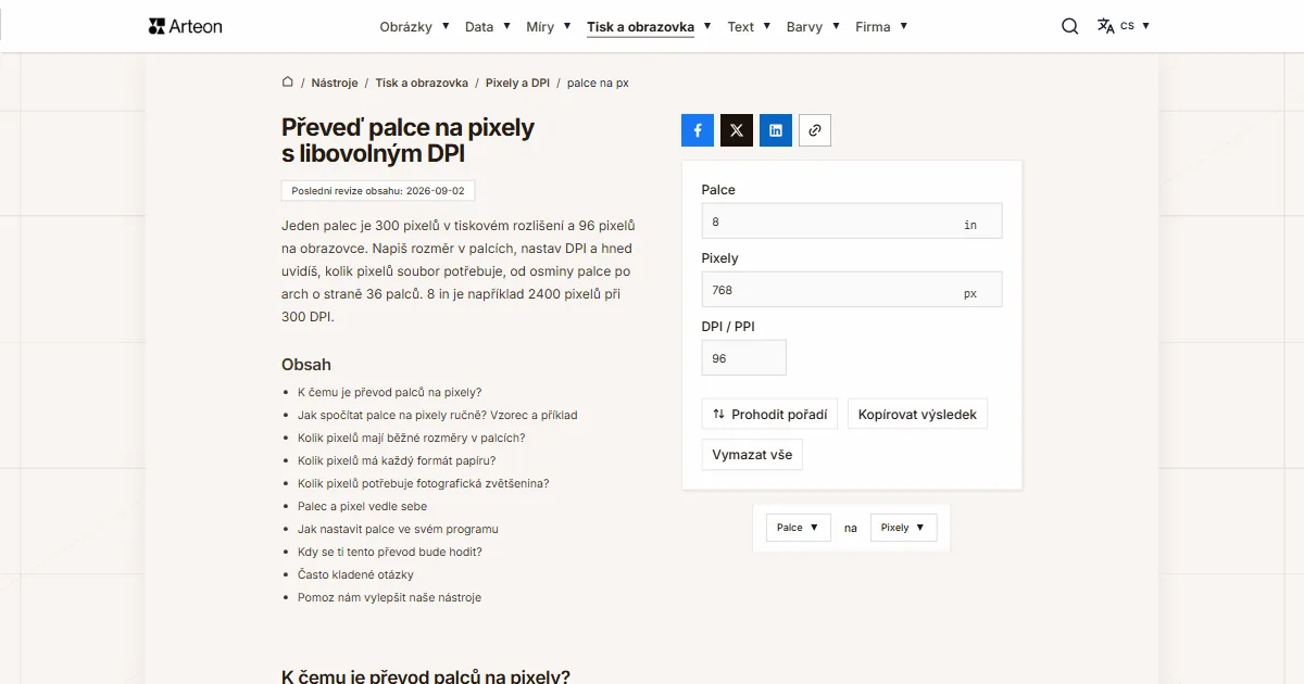Snímek obrazovky bezplatného nástroje Arteon: Převeď palce na pixely s libovolným DPI