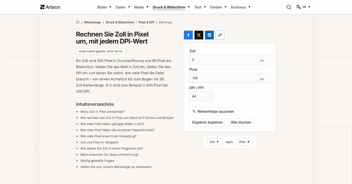 Screenshot des kostenlosen Arteon-Werkzeugs: Rechnen Sie Zoll in Pixel um, mit jedem DPI-Wert