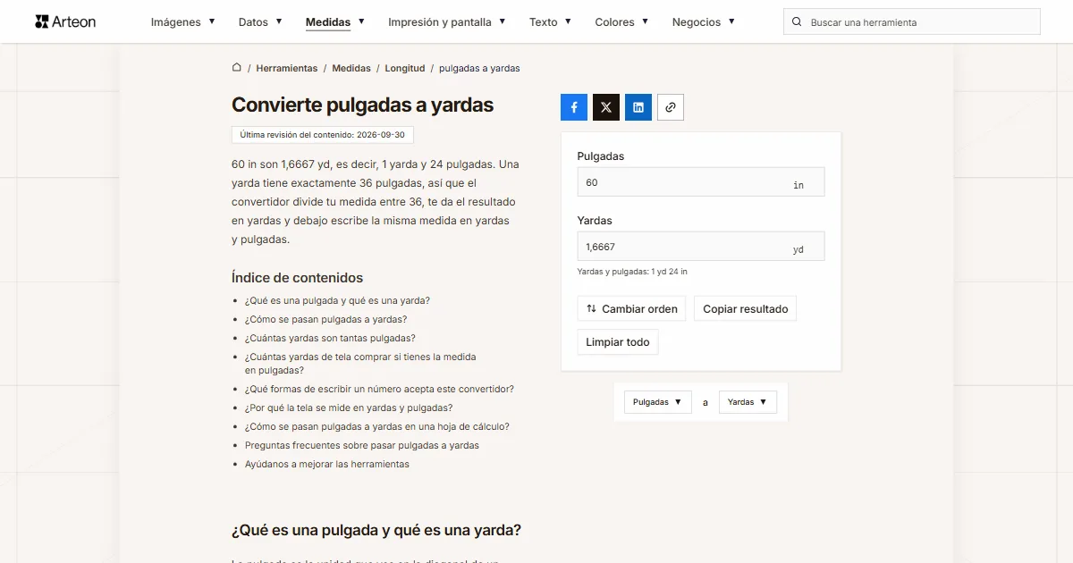 Captura de pantalla de la herramienta gratuita de Arteon: Convierte pulgadas a yardas