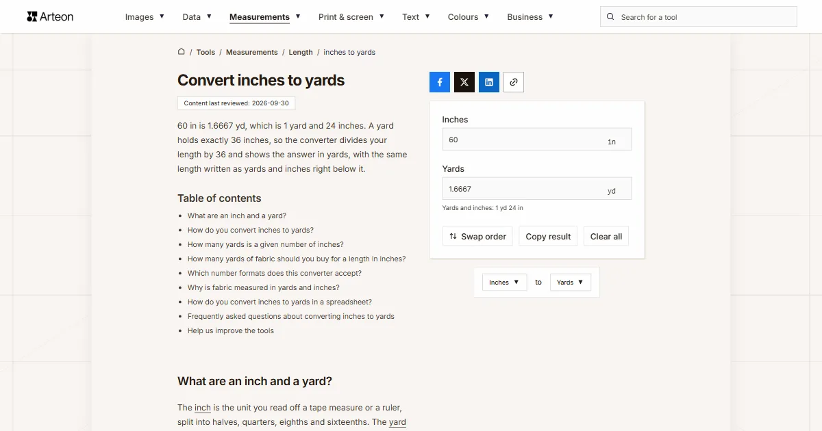 Arteon free tool screenshot: Convert inches to yards