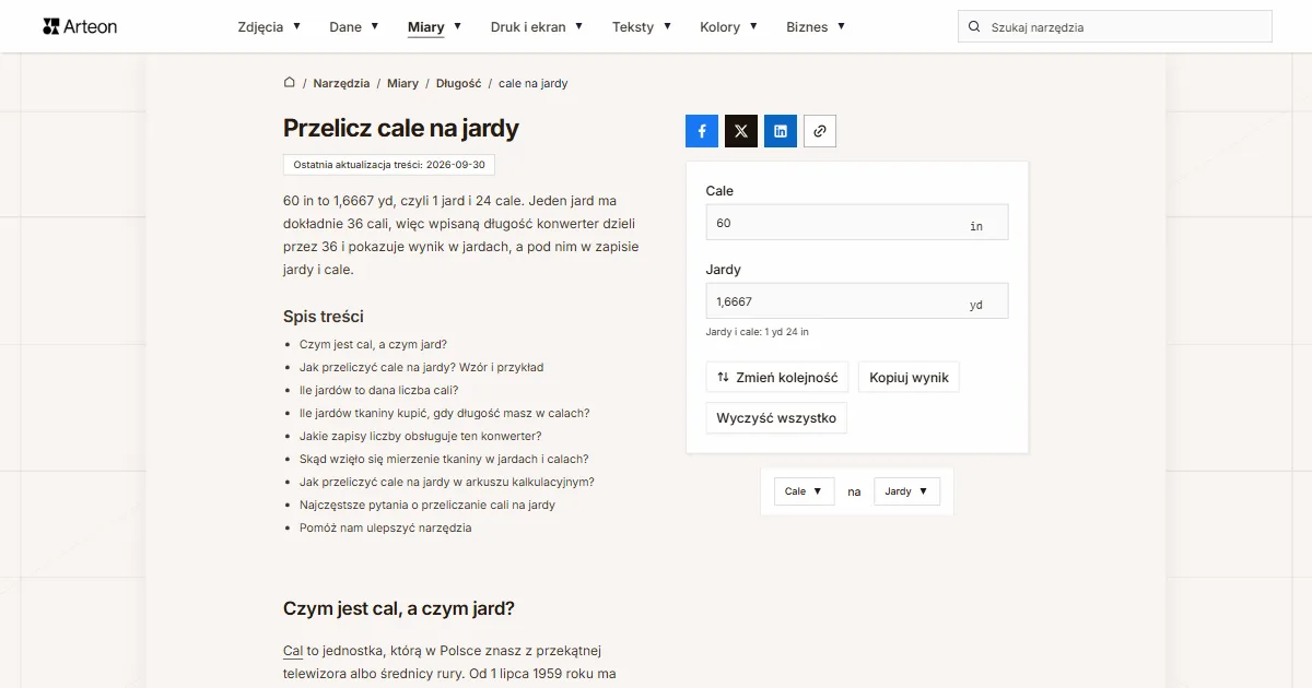 Zrzut ekranu darmowego narzędzia Arteon: Przelicz cale na jardy