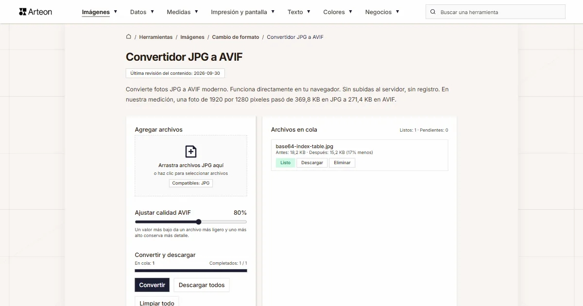 Captura de pantalla de la herramienta gratuita de Arteon: Convertidor JPG a AVIF