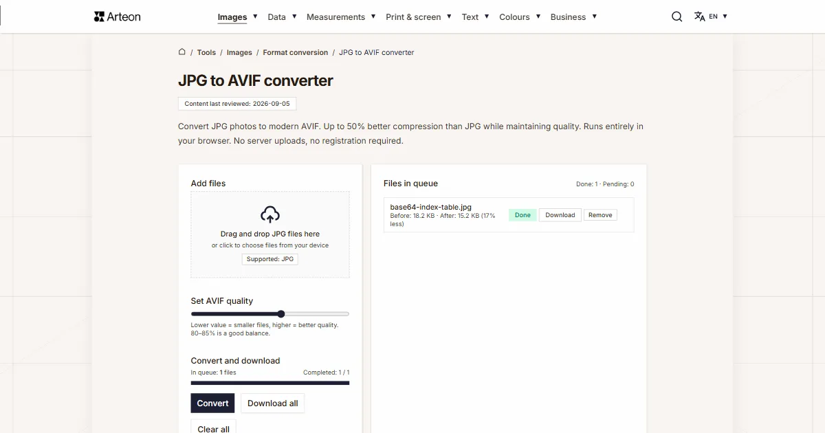 Arteon free tool screenshot: JPG to AVIF converter