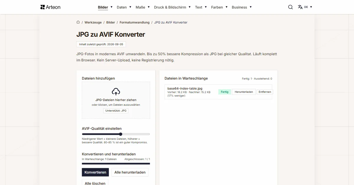 Screenshot des kostenlosen Arteon-Werkzeugs: JPG zu AVIF Konverter