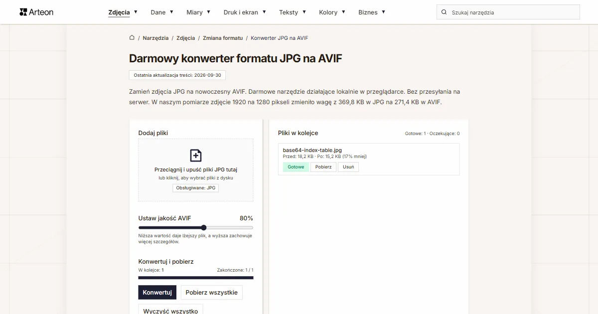 Zrzut ekranu darmowego narzędzia Arteon: Darmowy konwerter formatu JPG na AVIF
