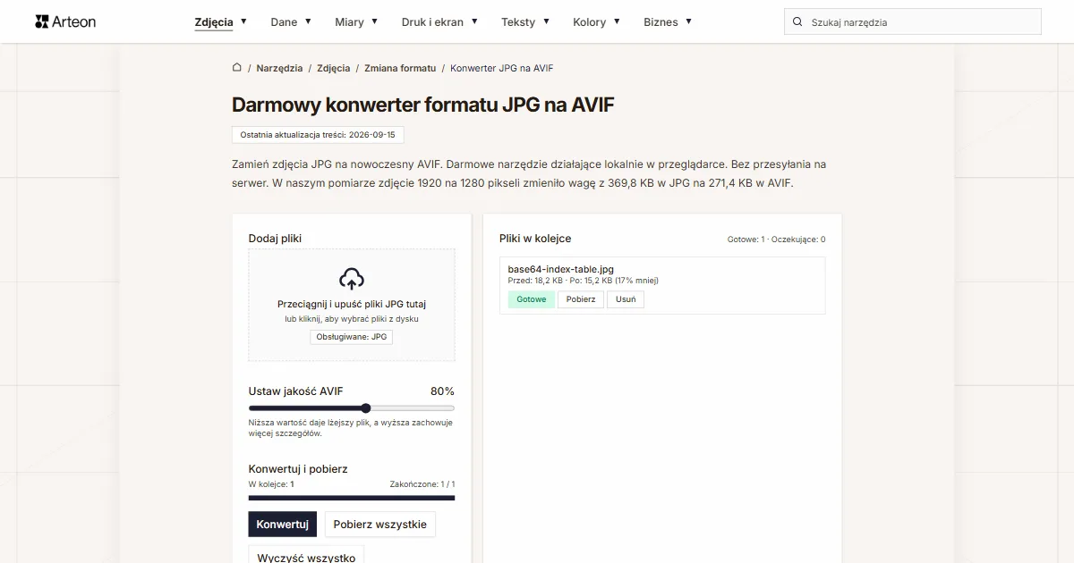 Zrzut ekranu darmowego narzędzia Arteon: Darmowy konwerter formatu JPG na AVIF