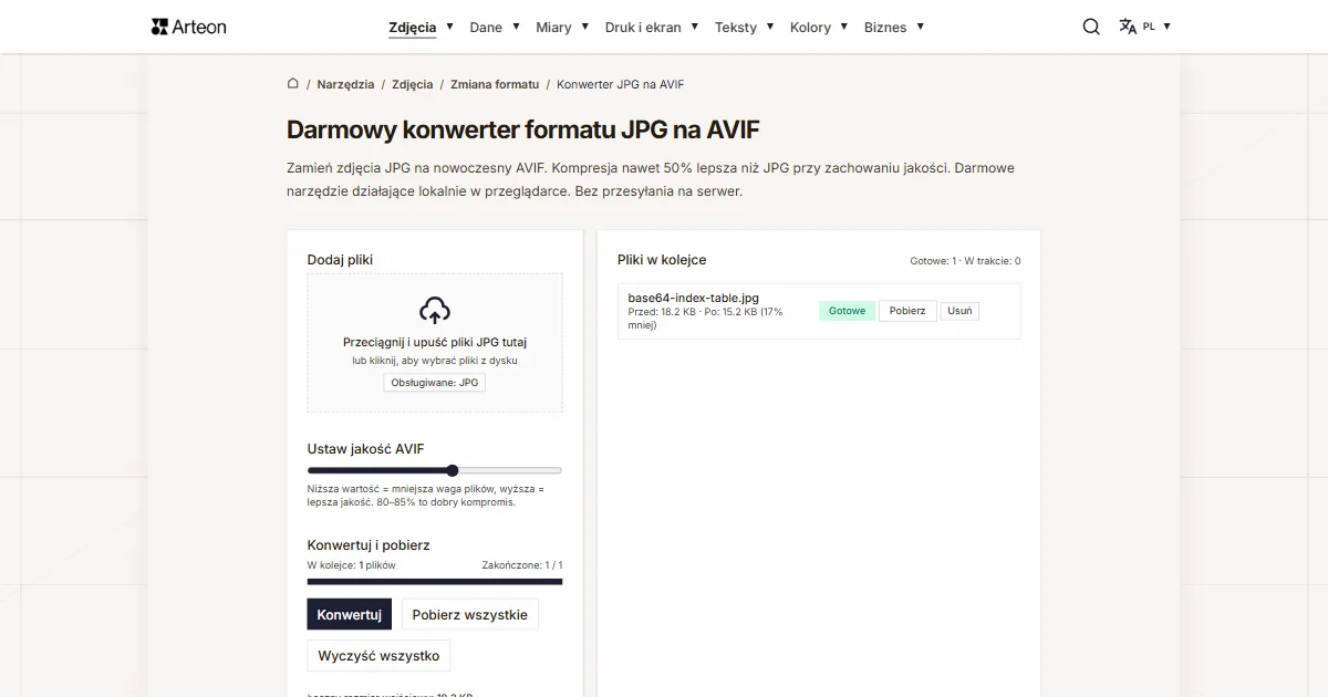 Zrzut ekranu darmowego narzędzia Arteon: Darmowy konwerter formatu JPG na AVIF