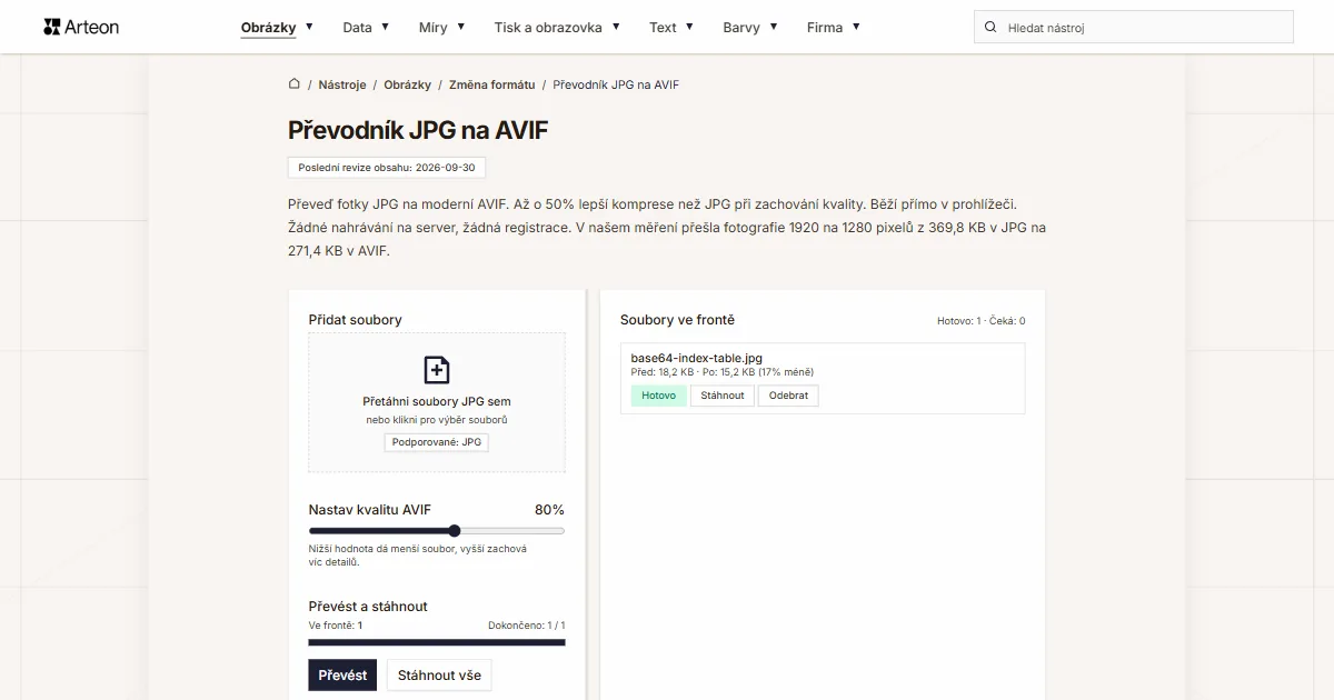 Snímek obrazovky bezplatného nástroje Arteon: Převodník JPG na AVIF